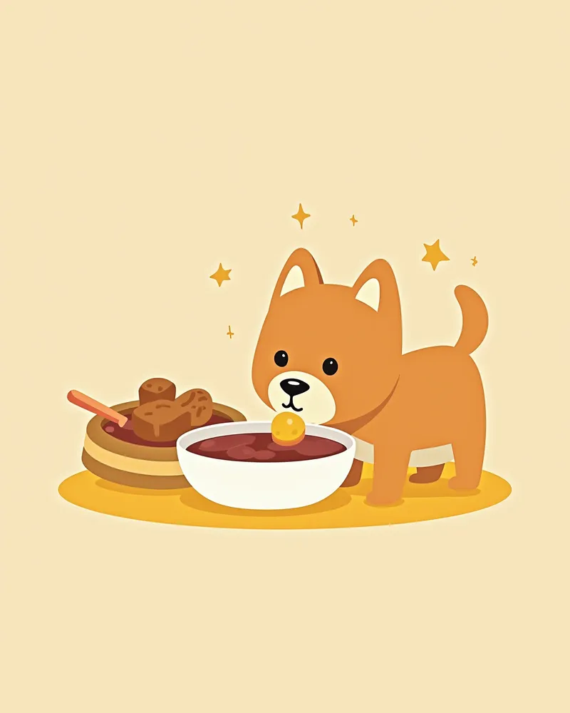 강아지가 부드러운 음식을 먹고 있는 모습과 입을 닦는 장면
