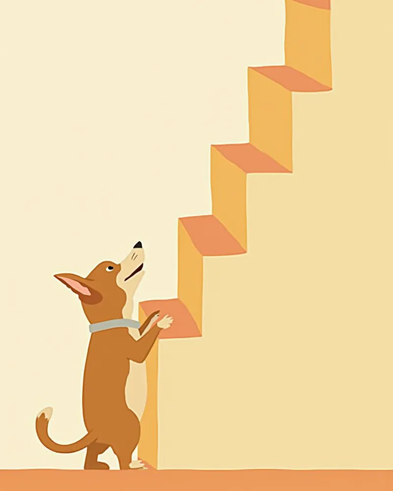 계단 앞에서 망설이며 올라가길 주저하는 강아지