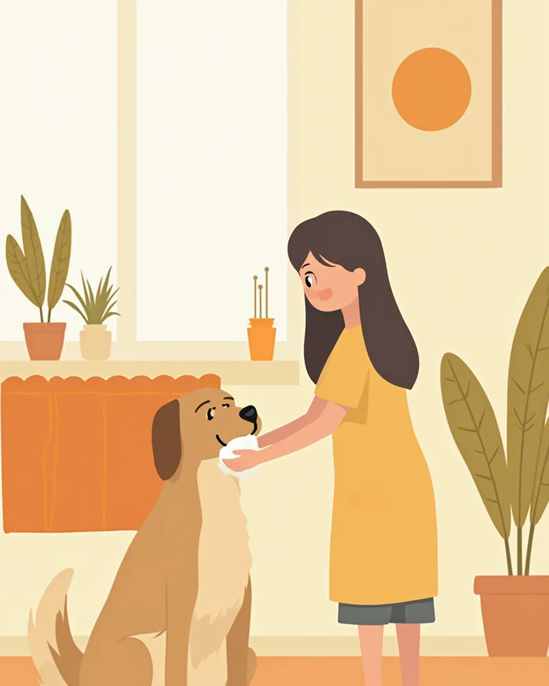 보호자가 강아지 귀를 닦아주는 모습