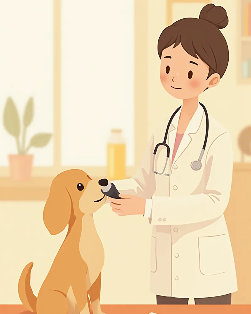 수의사가 이경으로 강아지 귀 안쪽을 검사하는 모습