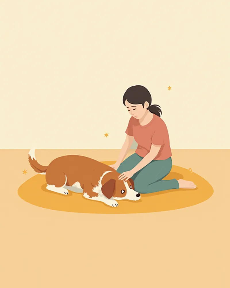 기력이 없고 축 처진 강아지와 걱정하는 보호자
