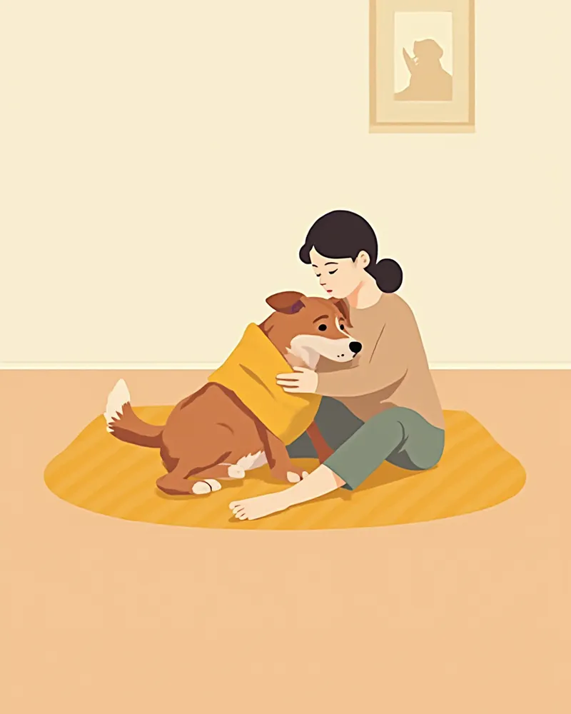 아픈 강아지를 담요로 감싸며 병원 갈 준비 중인 보호자