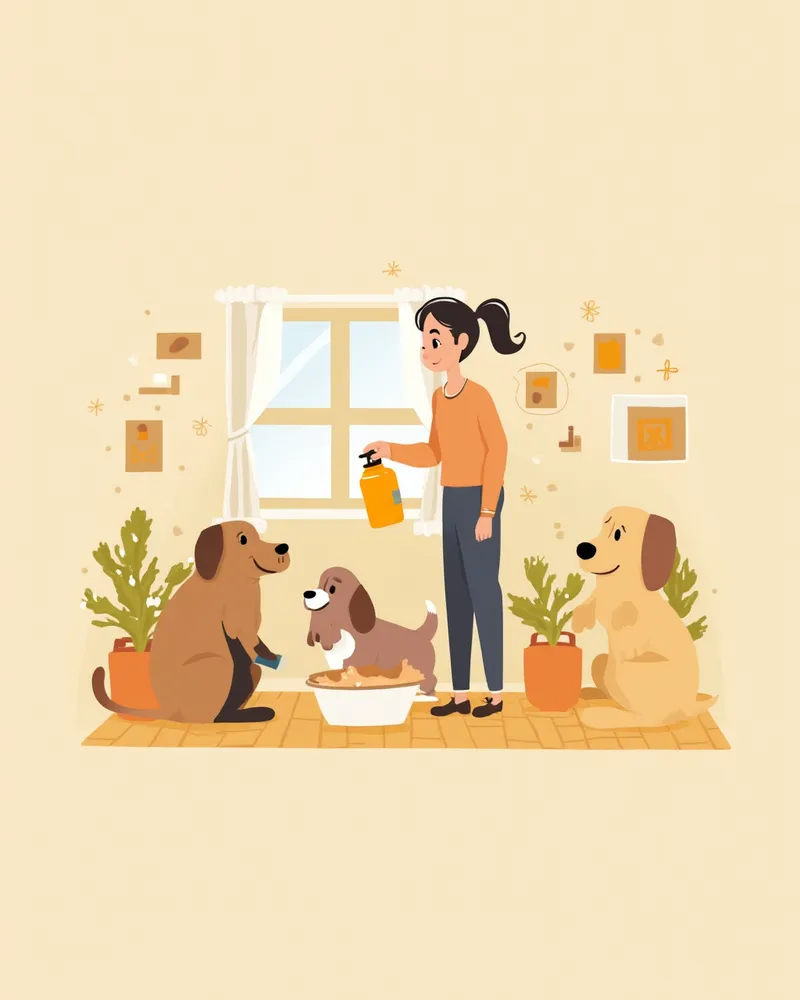 소독제로 강아지 용품을 청소하는 보호자