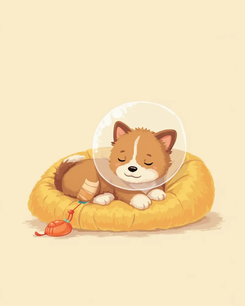 넥카라를 착용하고 회복 중인 강아지 일러스트