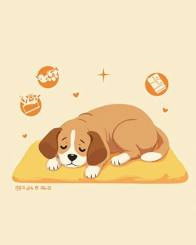 깨끗한 잠자리에서 편안히 쉬고 있는 강아지 일러스트