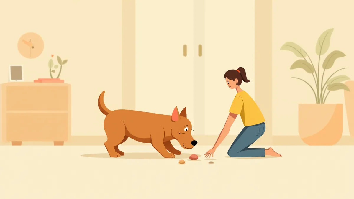 양말과 돌멩이 냄새를 맡는 강아지와 지켜보는 보호자