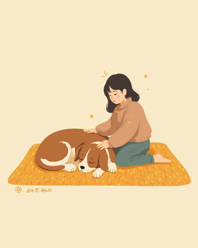 무기력하게 누워 있는 강아지 옆에서 걱정스럽게 바라보는 보호자