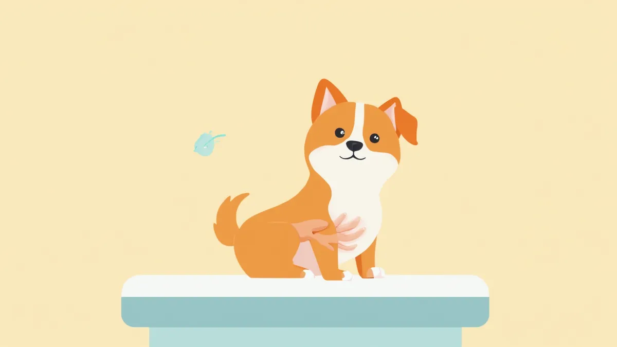 동물병원 진료대 위에 앉아 있는 강아지와 복부를 촉진하는 수의사