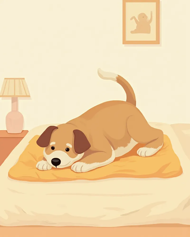 복부가 부풀어 오른 강아지를 걱정스럽게 바라보는 보호자