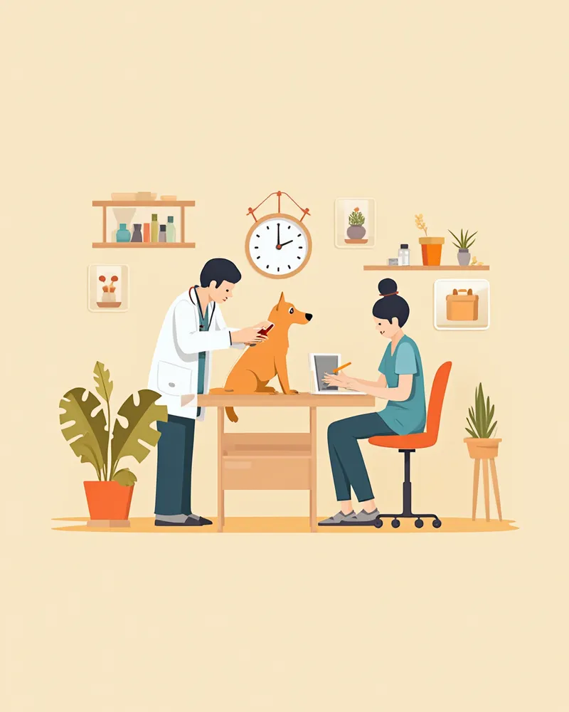 수의사가 강아지의 혈액을 채취하는 모습과 진단 장비