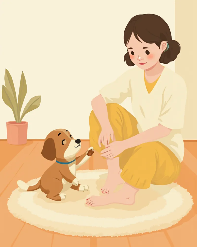 강아지 발바닥을 부드럽게 살피는 보호자