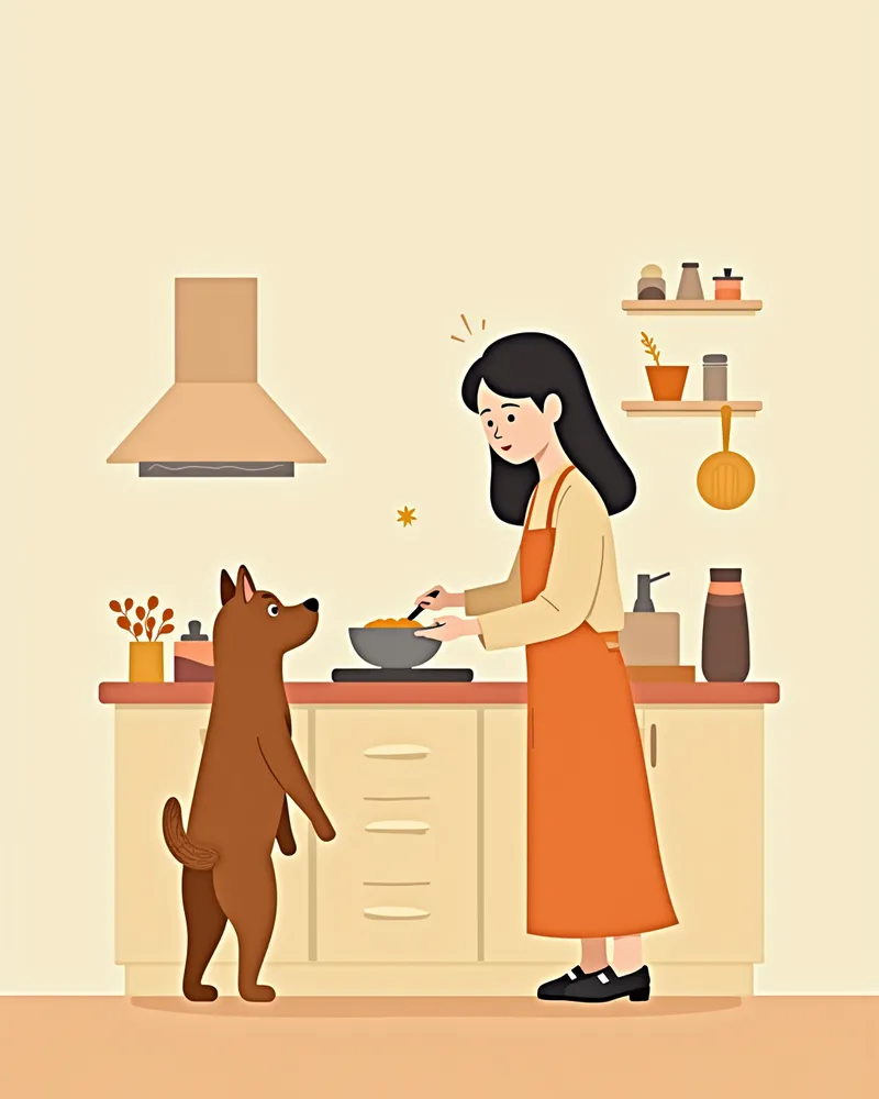 요리하는 보호자와 지켜보는 강아지