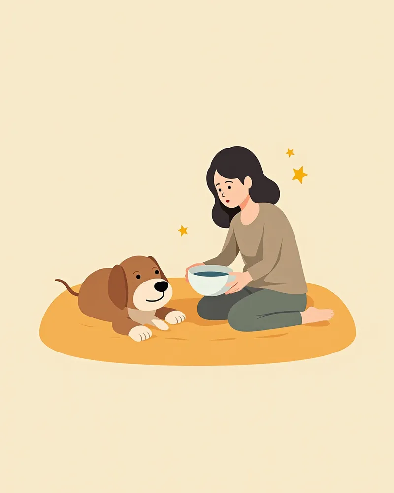 수술 후 강아지에게 물을 챙겨주는 보호자