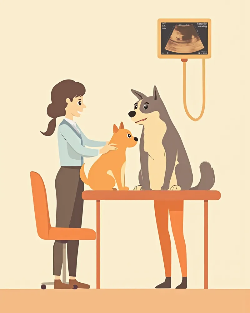 수의사가 임신한 강아지에게 초음파 검사를 시행하는 모습