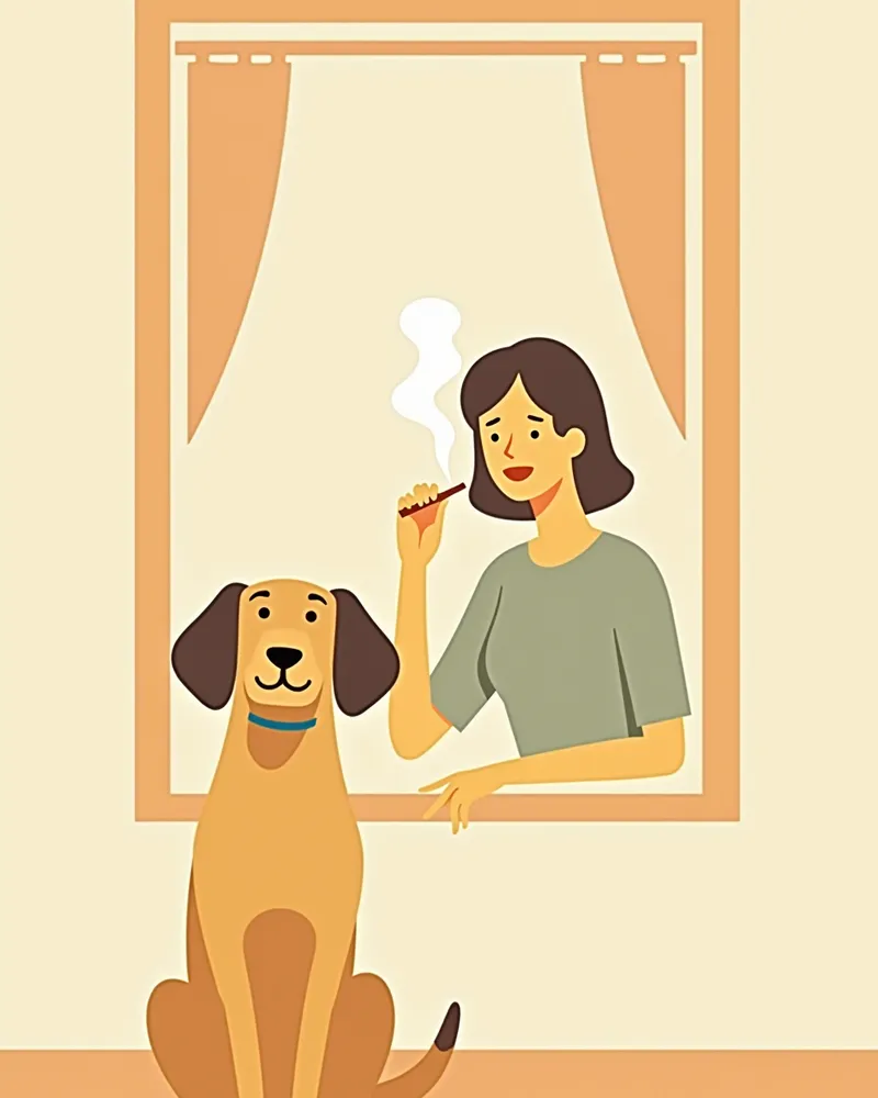 강아지가 흡연 환경에 노출된 상황을 보여주는 이미지