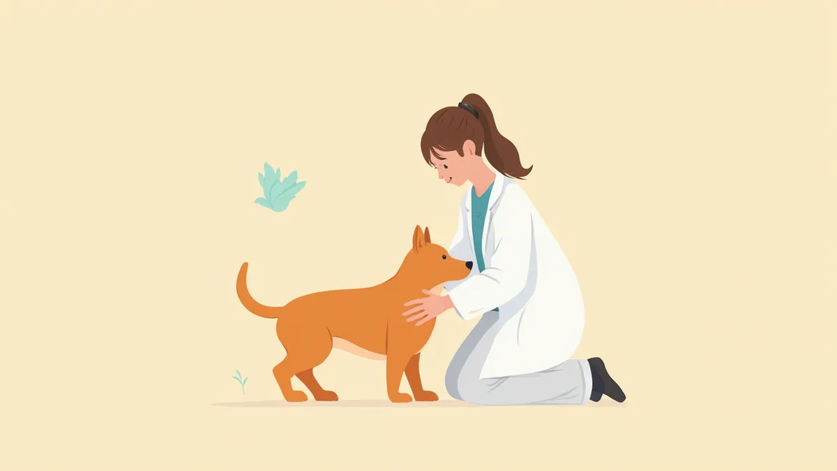 동물병원에서 수의사가 암컷 강아지의 복부를 부드럽게 촉진하고 있는 모습