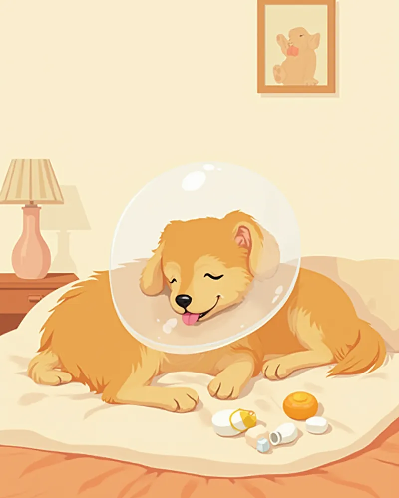 넥카라를 착용한 채 집에서 편안하게 쉬고 있는 수술 후 회복 중인 강아지