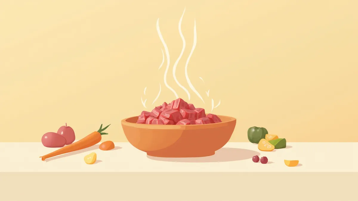 신선한 생고기와 채소가 담긴 강아지 생식 사료 그릇