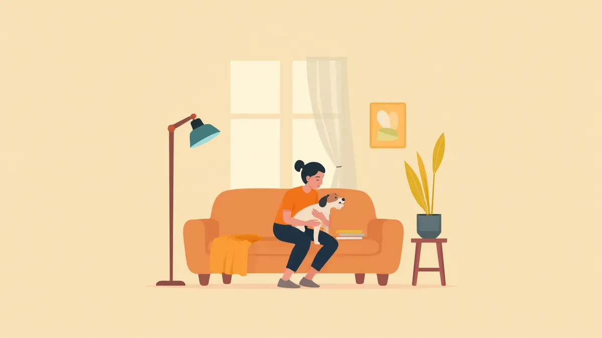 소파에 앉아 강아지를 품에 안고 고민하는 보호자