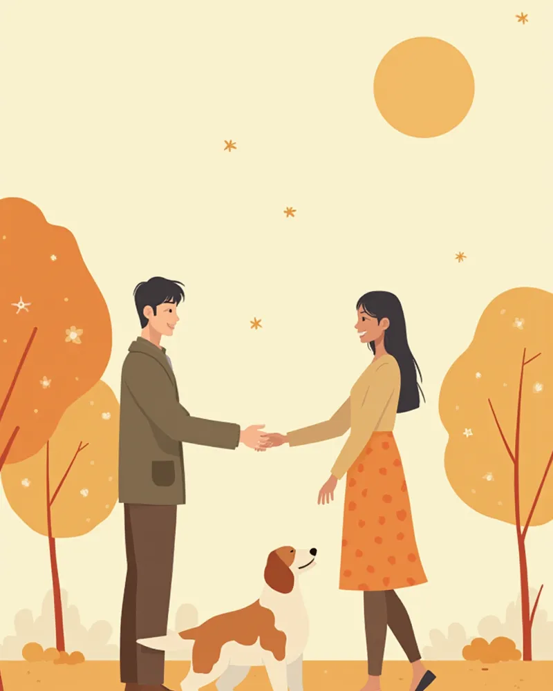 공원에서 새로운 가족을 만나고 있는 강아지와 보호자