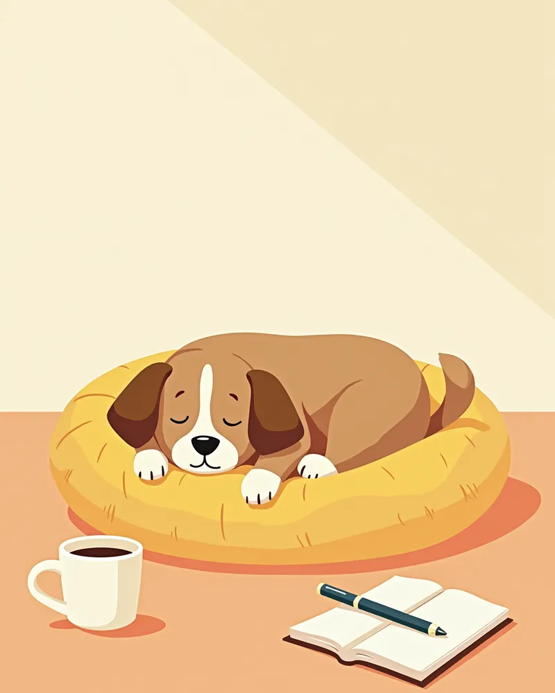 조용한 방에 있는 강아지 침대, 노트북과 펜이 옆에 놓여 있음
