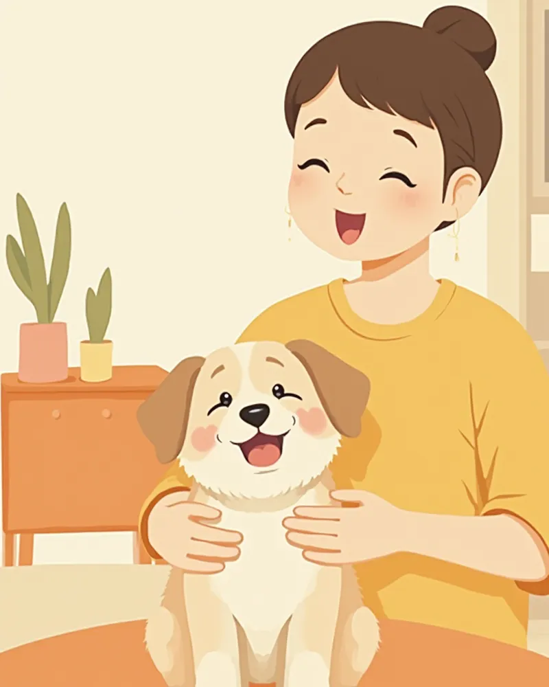 보호자가 집에서 강아지 유치를 조심스럽게 확인하는 모습