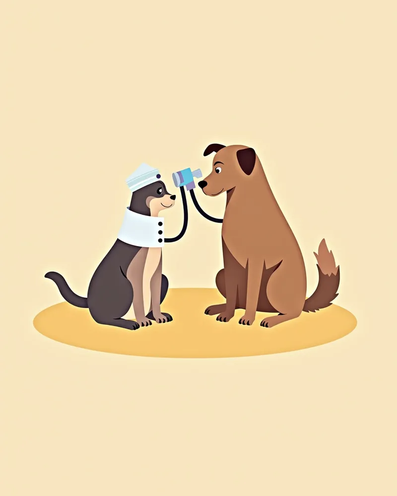 수의사가 안저검사 장비로 강아지의 눈을 검사하는 모습