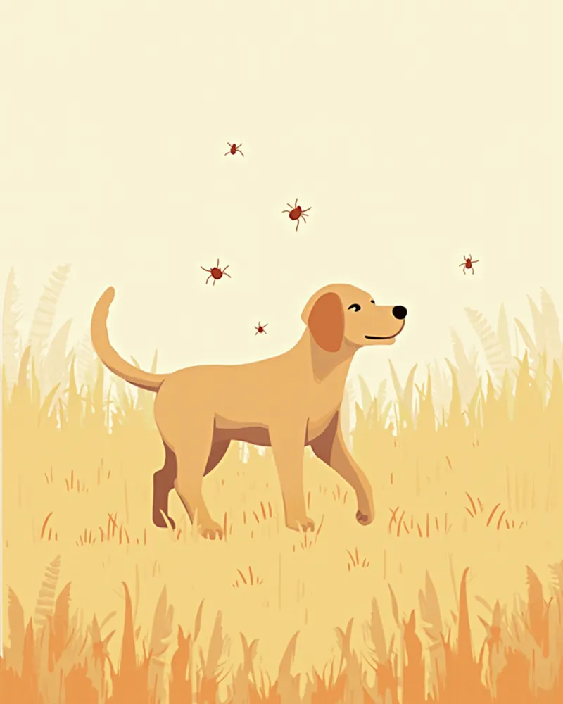 풀숲을 지나가는 강아지와 외부기생충 주의 이미지