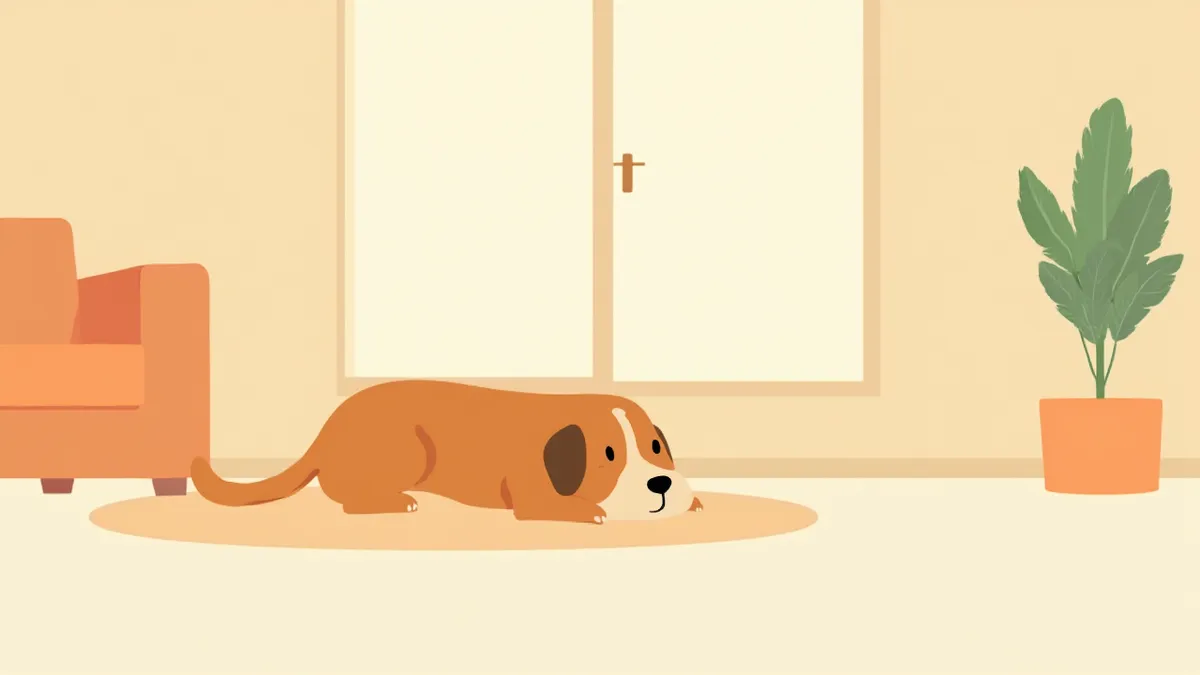 거실 러그 위에 누워 있는 강아지를 안전한 거리에서 지켜보는 보호자