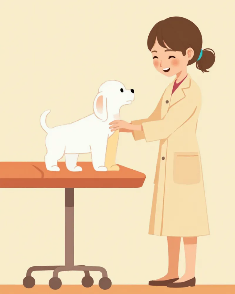 동물병원에서 수의사가 작은 흰색 강아지를 부드럽게 진찰하는 모습