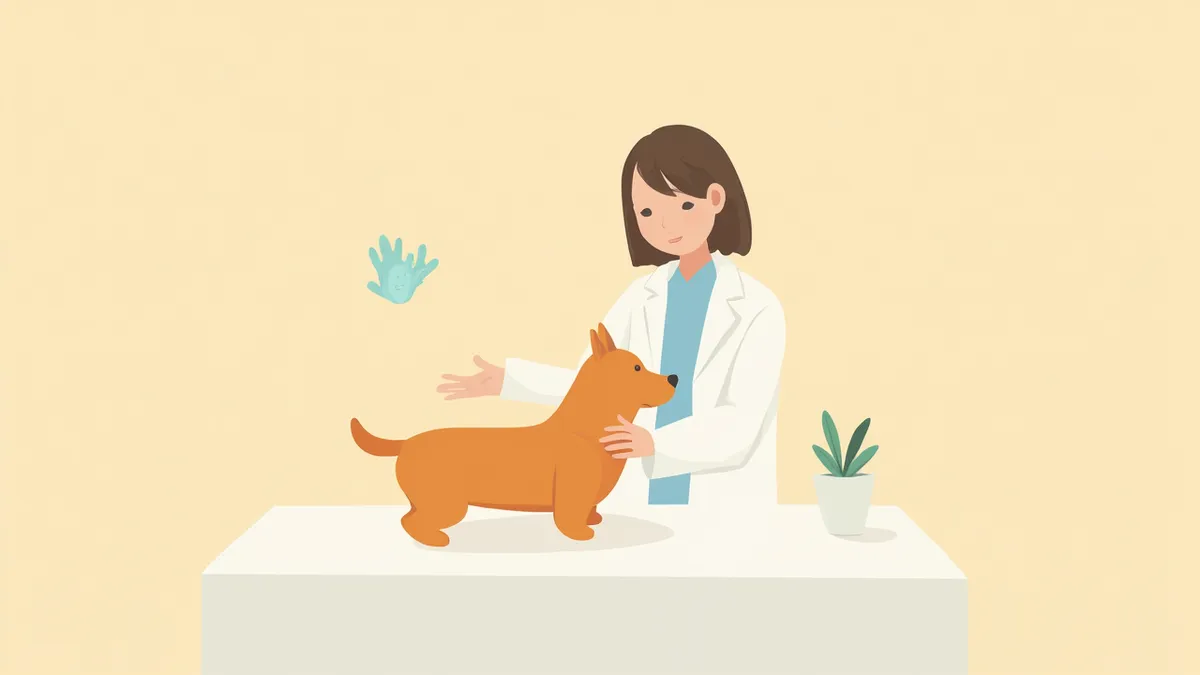 동물병원에서 분리불안이 의심되는 강아지를 진료하는 수의사