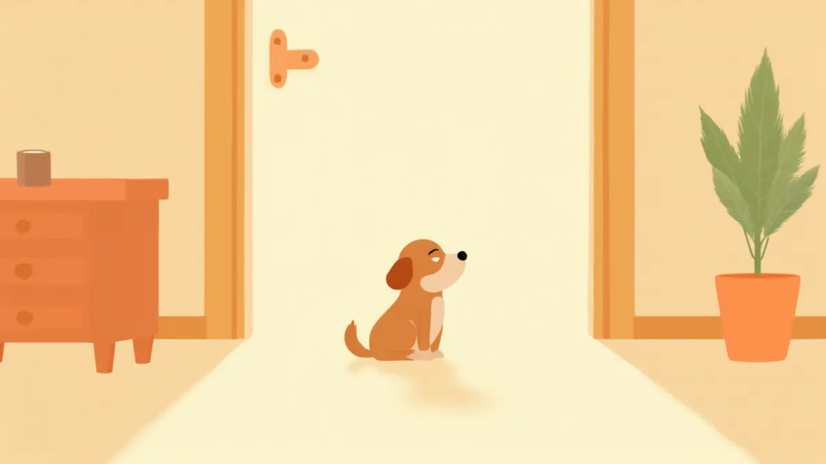 거실에서 현관문을 바라보며 불안해하는 강아지