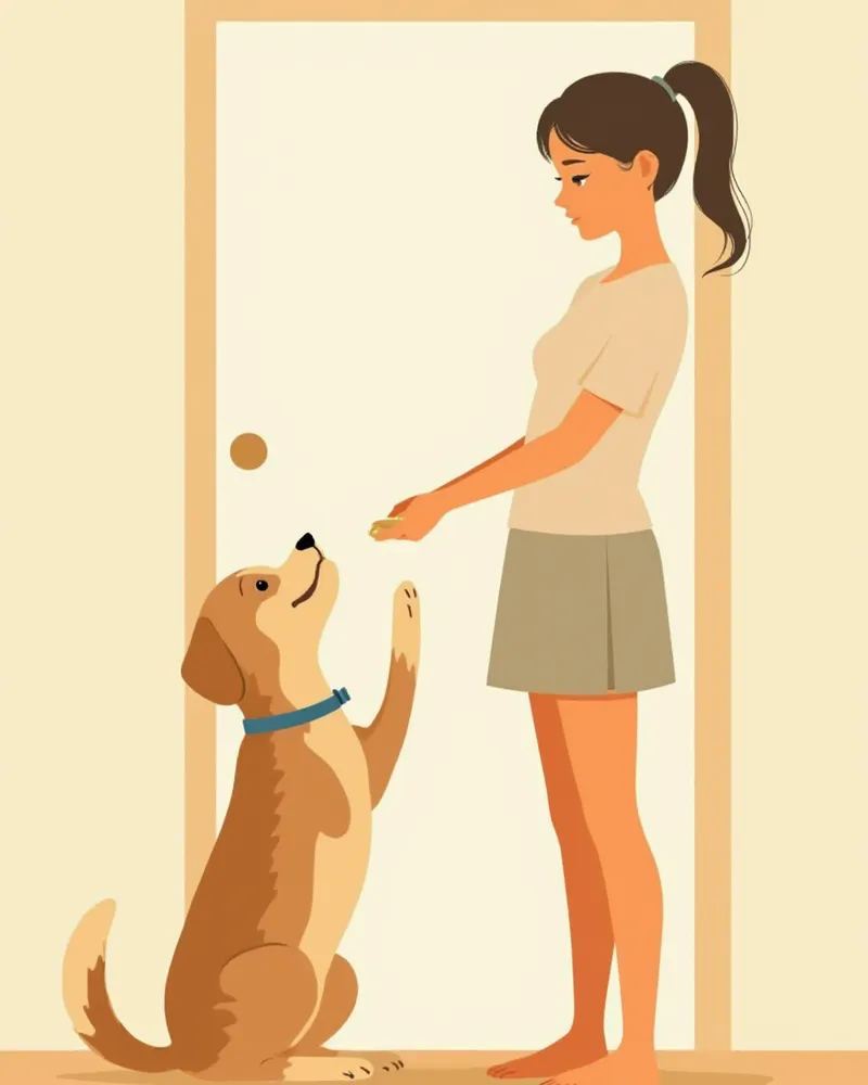 현관 근처에서 간식을 받으며 긍정적 훈련을 하는 강아지