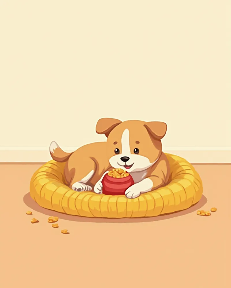 강아지 침대 위에서 콩 장난감을 가지고 노는 강아지