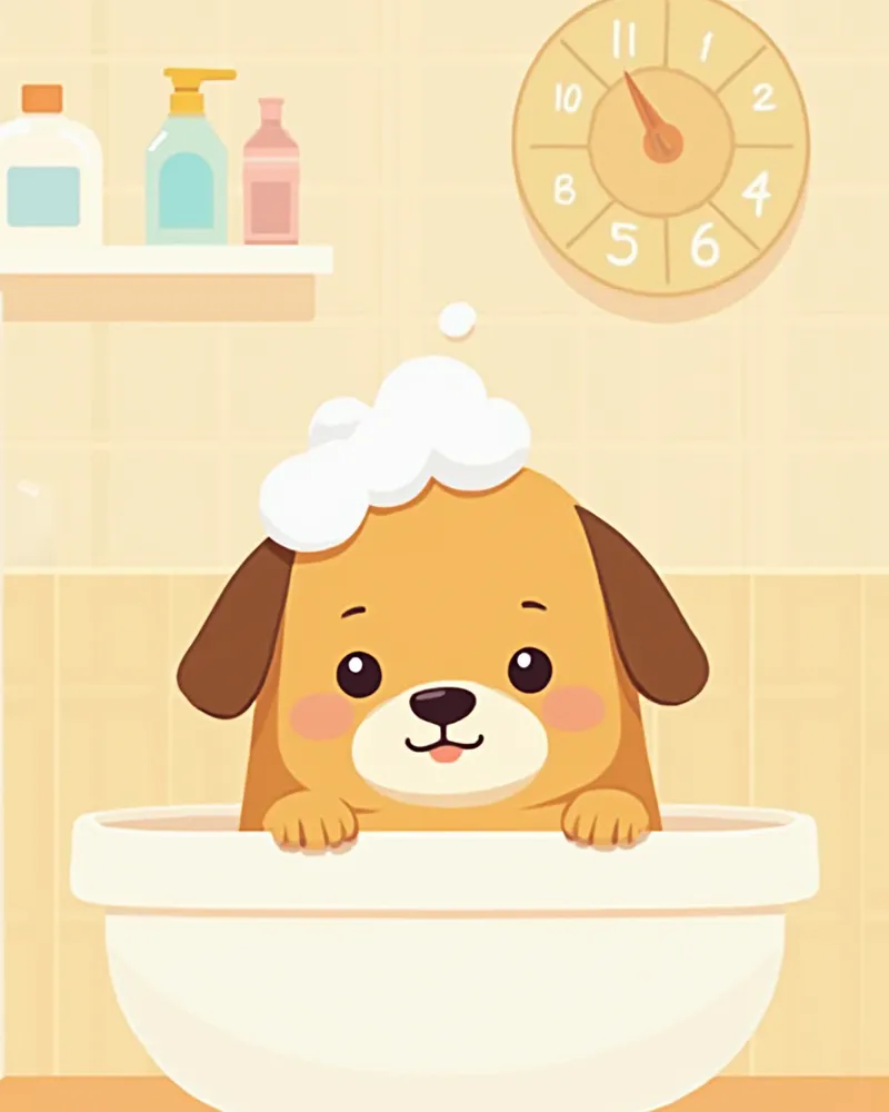 약용 샴푸로 목욕하는 강아지 일러스트