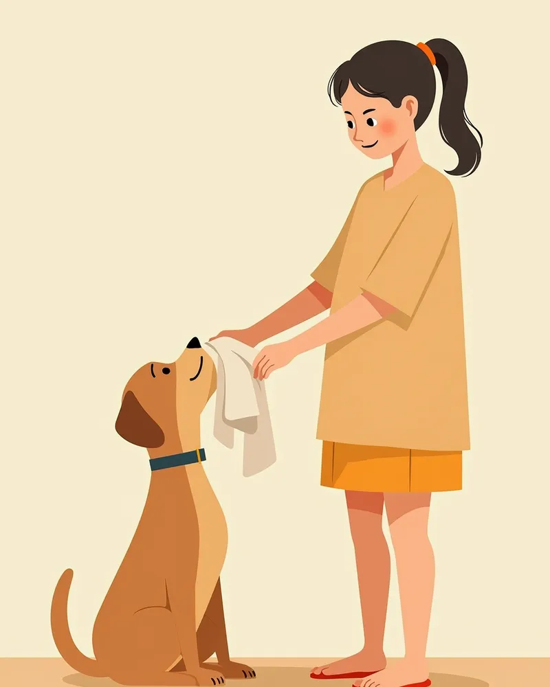 강아지 외출 후 코 닦아주는 보호자 — 호흡기 위생 관리