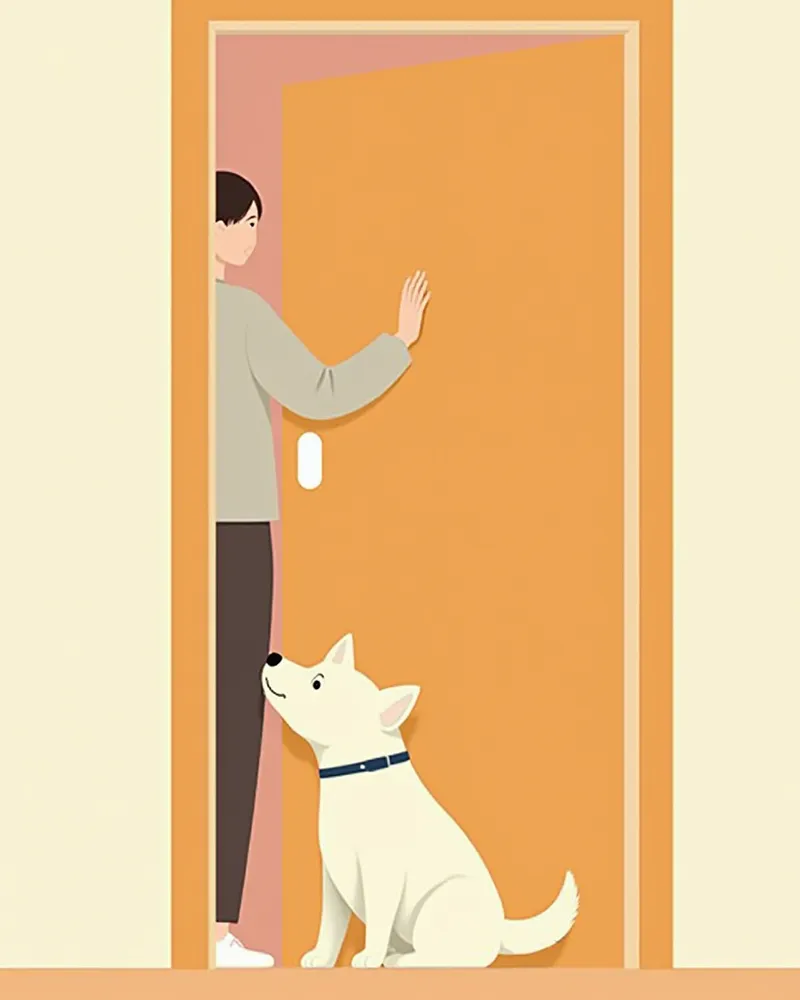 현관에서 손님 다리 냄새를 맡는 강아지