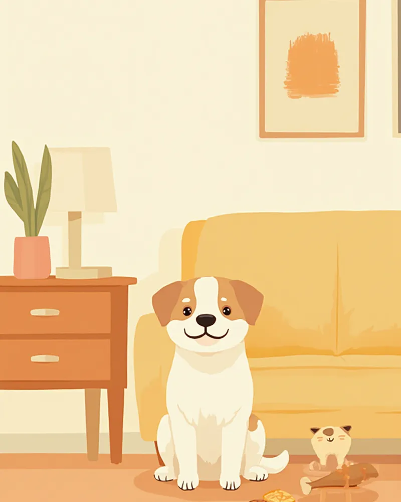 온순한 성견 옆에 앉아 있는 강아지