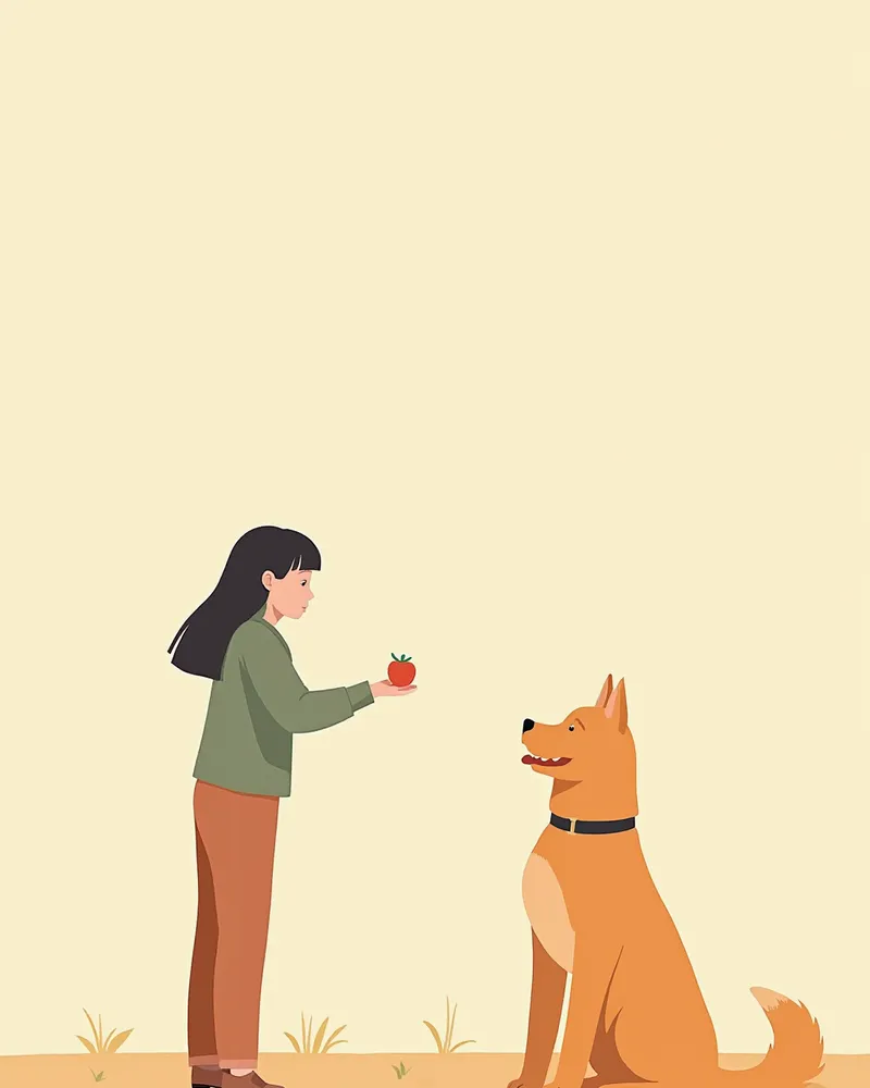 간식을 내미는 낯선 사람에게 조심스럽게 다가가는 성견