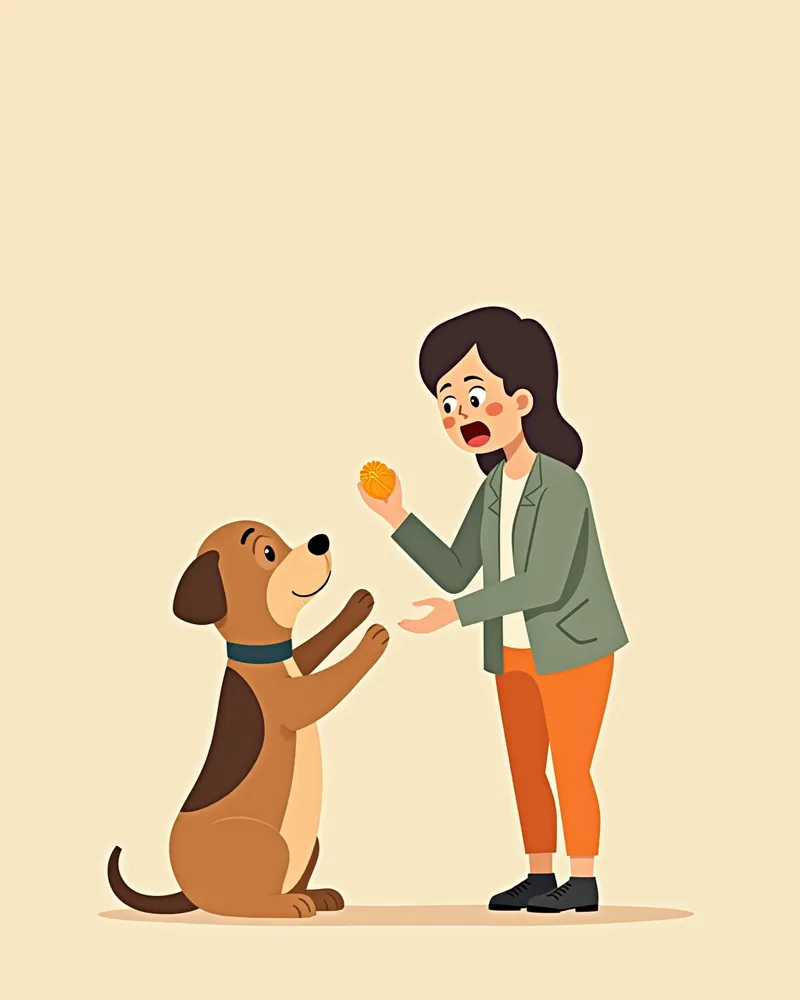 두려움을 느끼는 강아지를 치료사가 치료용 간식과 조용한 목소리로 안내하는 장면