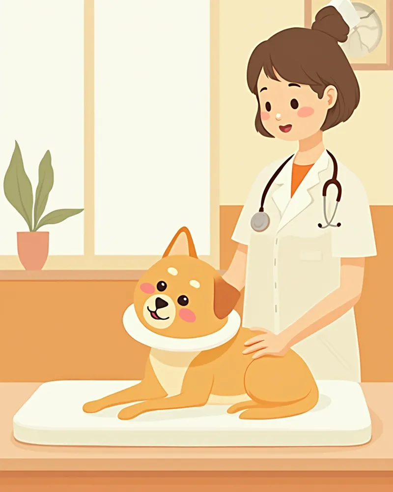 수술 후 보호 칼라를 착용하고 회복 중인 강아지