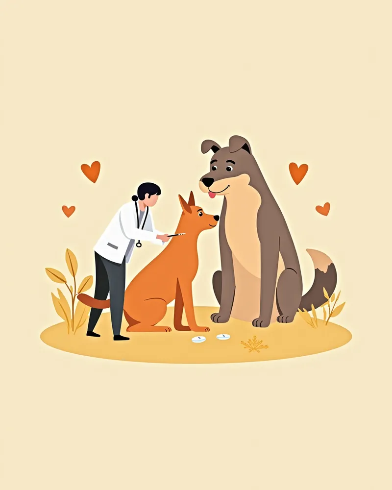 수의사와 보호자가 함께 강아지의 심장 약물 치료를 관리하는 모습