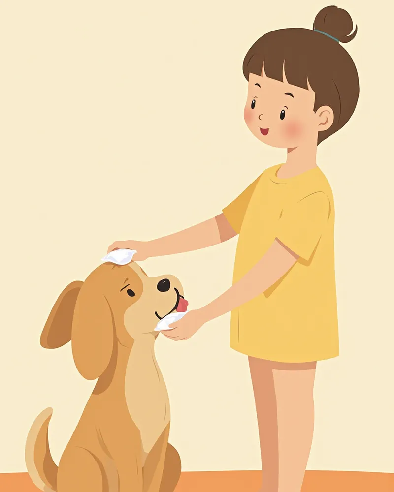 식염수로 강아지 눈 주변을 닦아주는 보호자