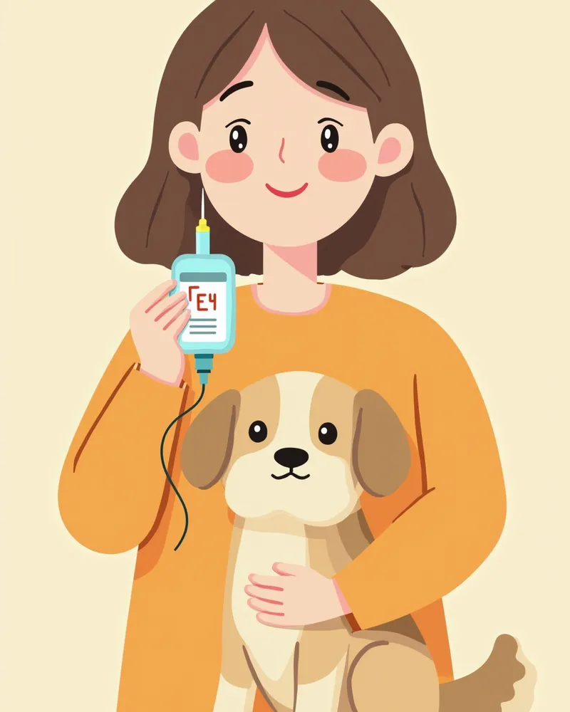 강아지 주인이 피하수액 도구를 조심스럽게 다루는 모습
