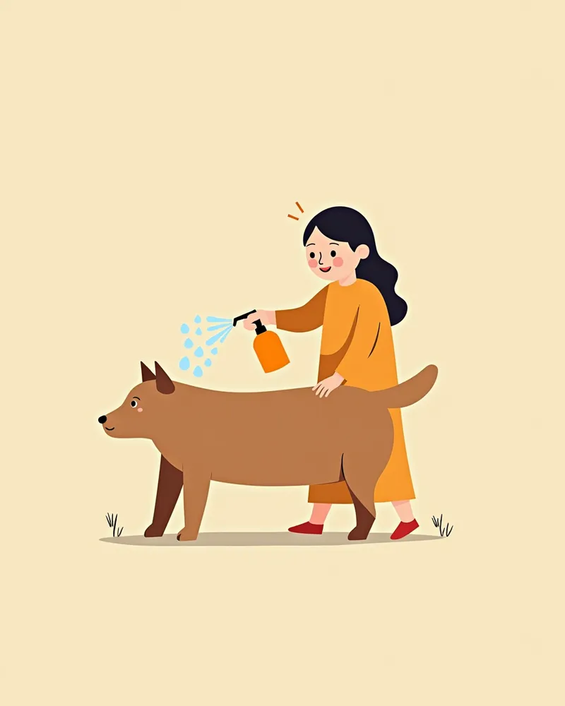 강아지에게 차가운 물을 뿌리는 보호자