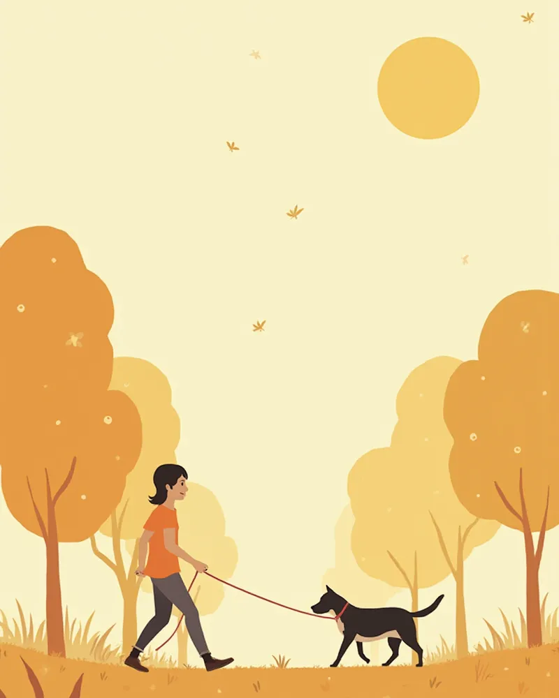 이른 아침 잔디길을 산책하는 강아지