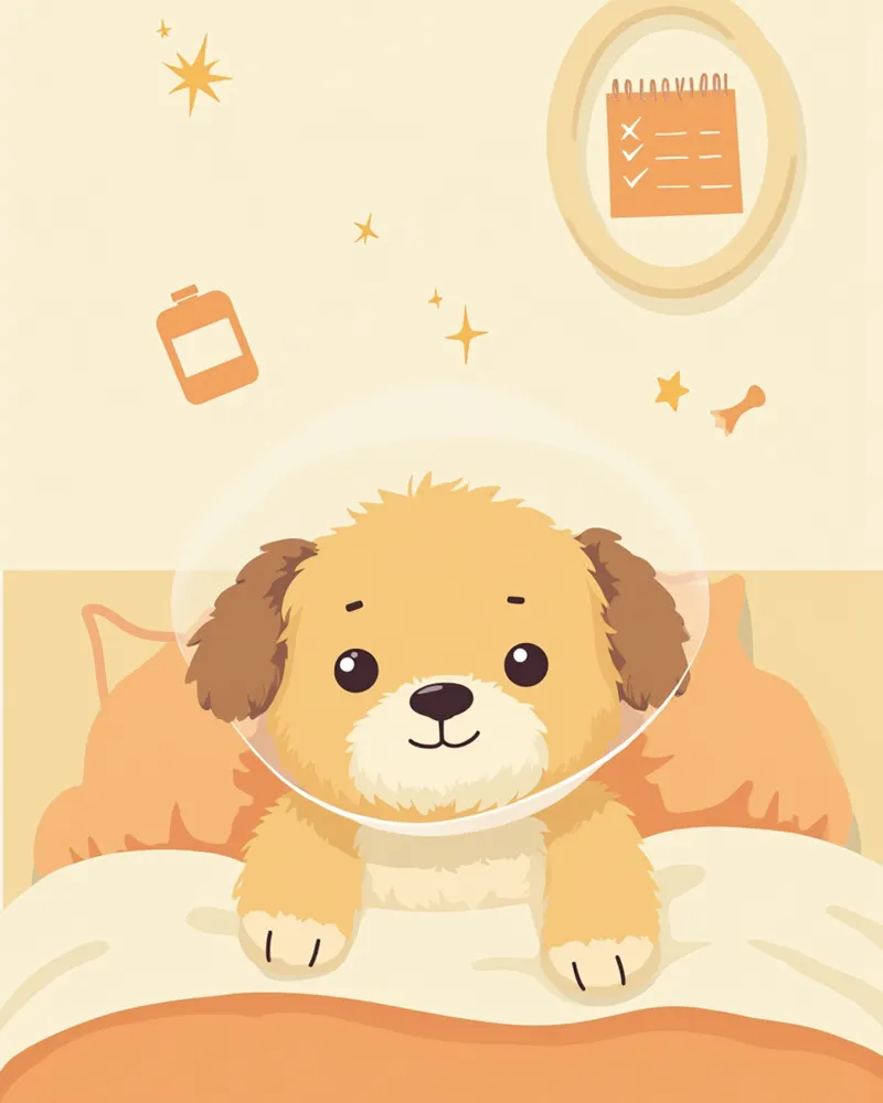 넥카라를 착용하고 집에서 회복 중인 강아지 일러스트