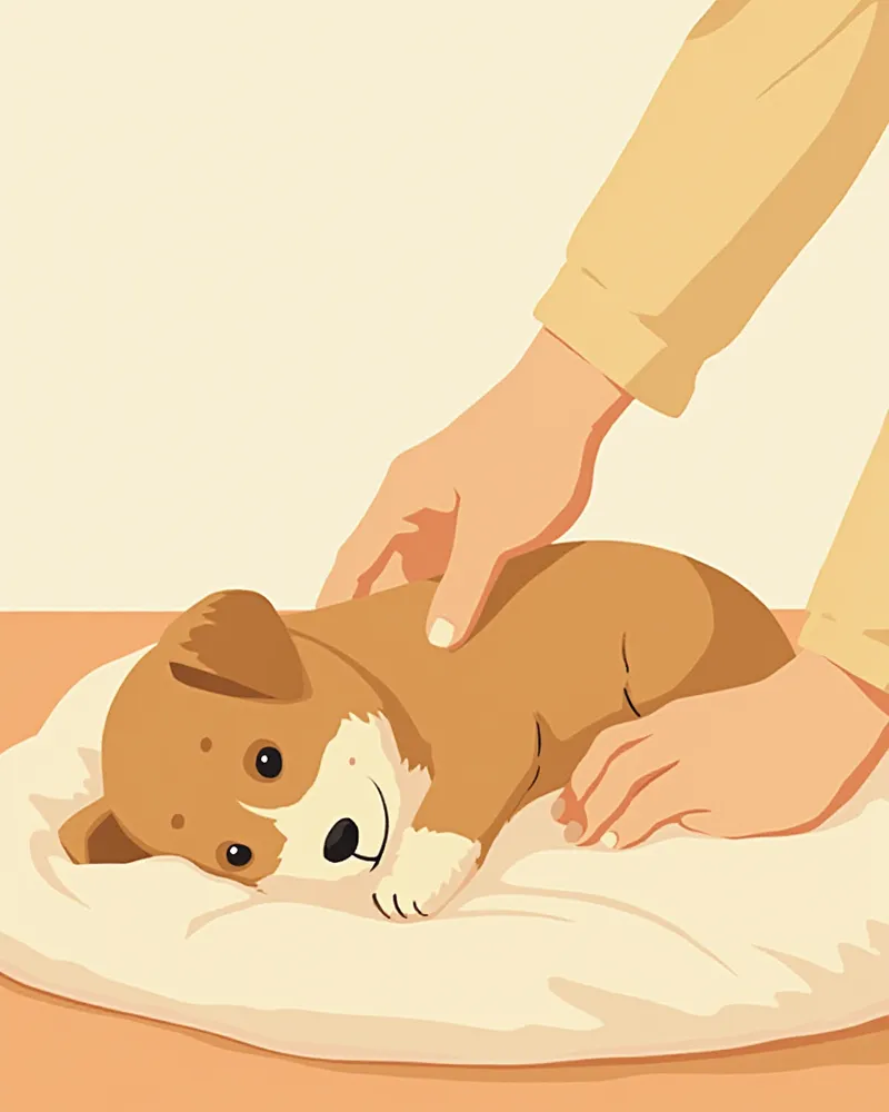 기절한 강아지를 안전하게 눕히는 보호자