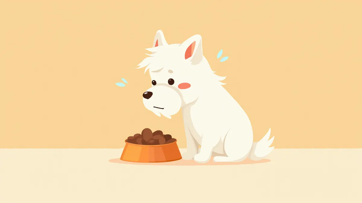 사료 앞에 앉아 있는 눈물자국이 있는 하얀 강아지