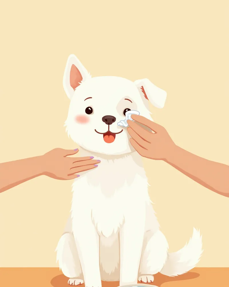 눈 주변을 세정받고 있는 하얀 강아지 일러스트